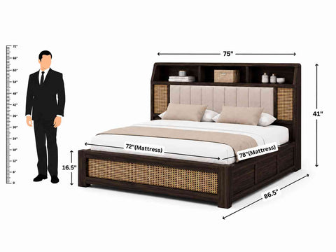 Canejoy Solid Sheesham Wood Bed With Box Storage (King Size, Walnut Finish)