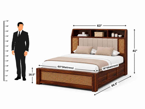 Canejoy Solid Sheesham Wood Bed With Box Storage (Queen Size, Natural Finish)