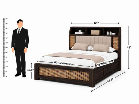 Canejoy Solid Sheesham Wood Bed With Box Storage (Queen Size, Walnut Finish)