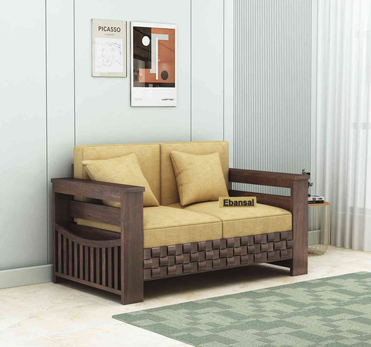 Olivia Solid Sheesham Wood 2 Seater Sofa (Walnut Finish)