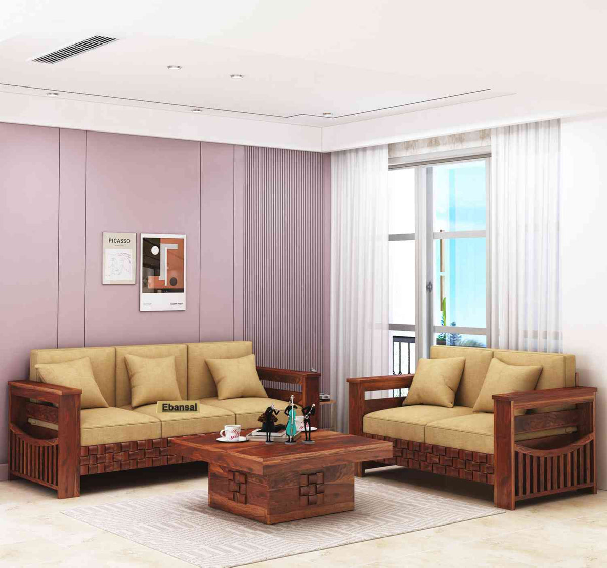 Olivia Solid Sheesham Wood 5 Seater Sofa Set (Natural Finish, 3+2)