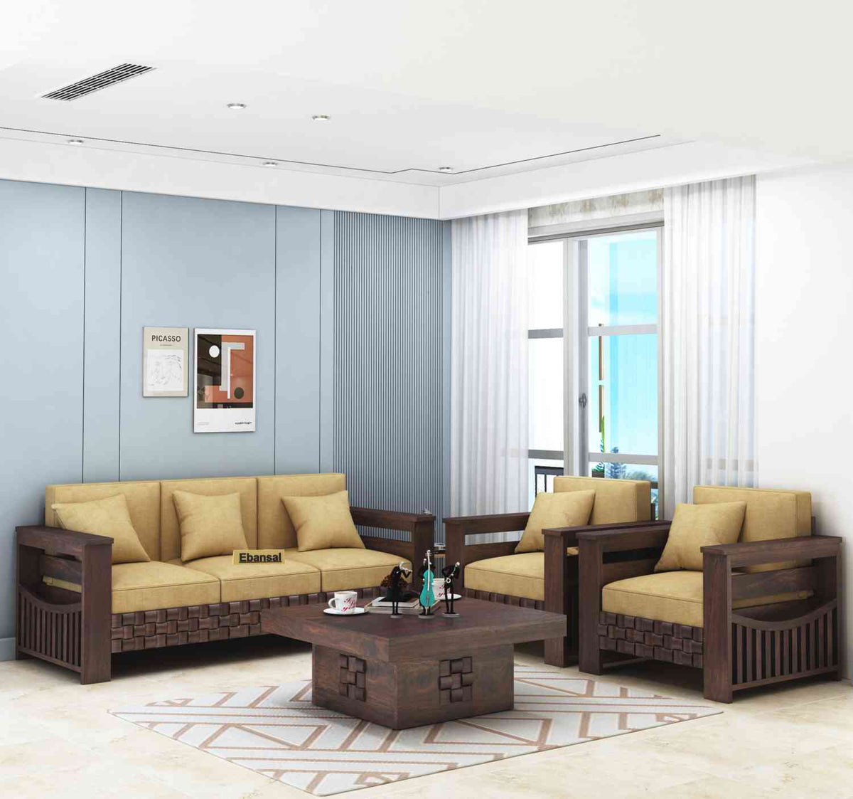 Olivia Solid Sheesham Wood 5 Seater Sofa Set (Walnut Finish, 3+1+1)