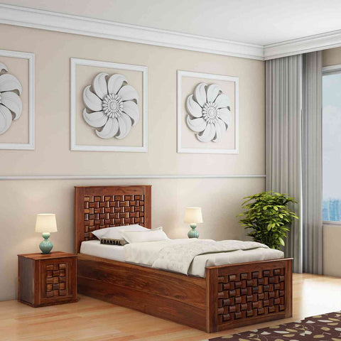 Olivia Solid Sheesham Wood Single Bed With Box Storage (Natural Finish)