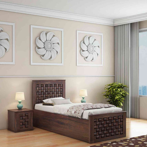 Olivia Solid Sheesham Wood Single Bed With Box Storage (Walnut Finish)
