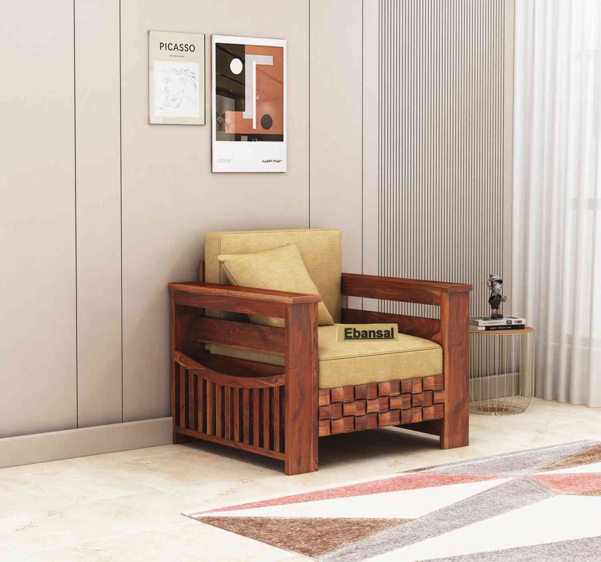 Olivia Solid Sheesham Wood Single Seater Sofa (Natural Finish)