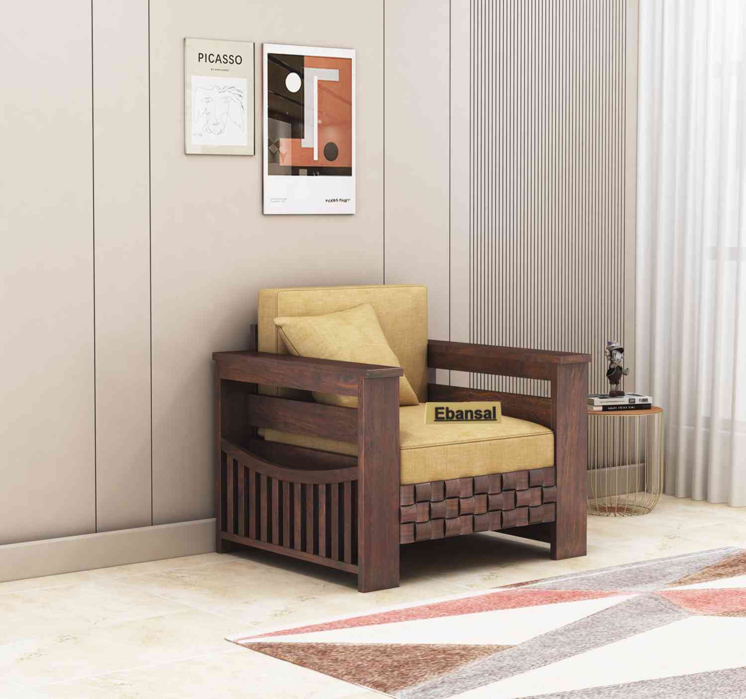 Olivia Solid Sheesham Wood Single Seater Sofa (Walnut Finish)