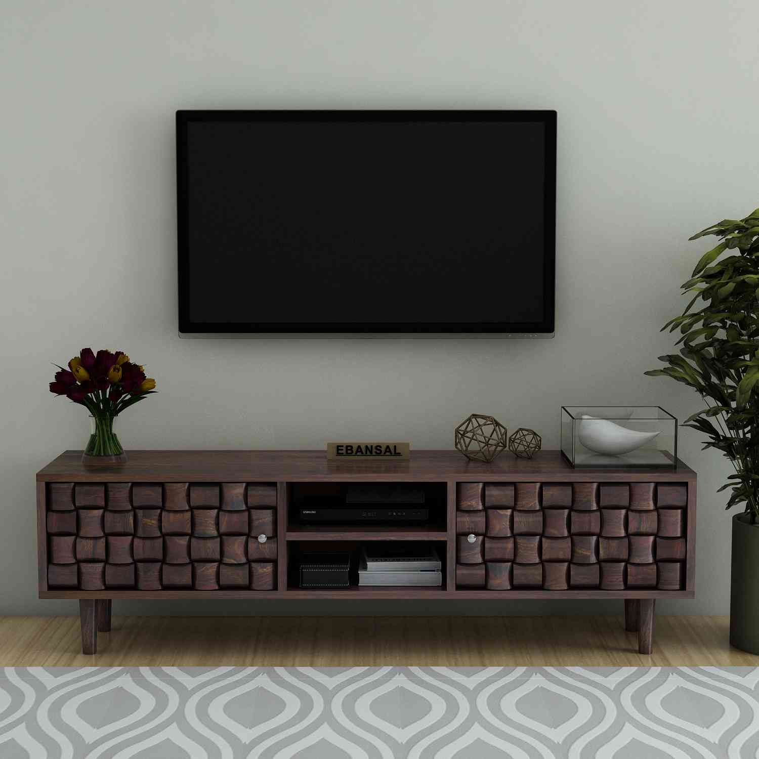 Olivia Solid Sheesham Wood TV Unit (Walnut Finish)
