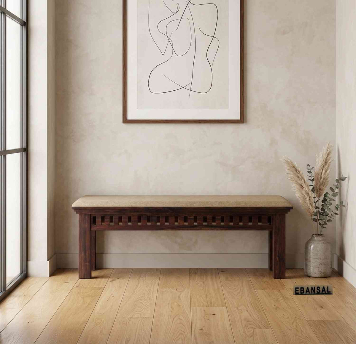 Amer Solid Sheesham Wood 2 Seater Bench (Walnut Finish, With Cushion)