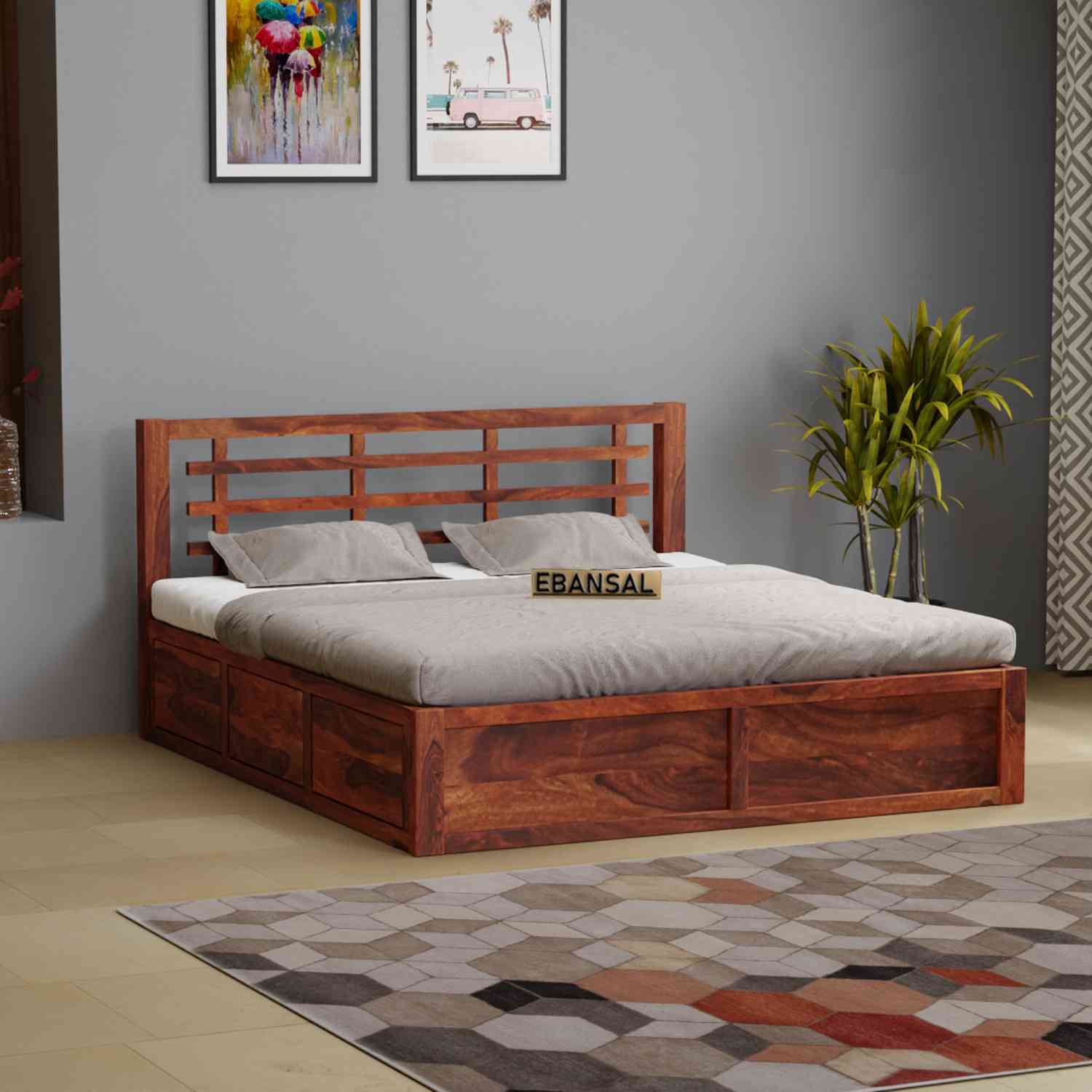 Prio Solid Sheesham Wood Bed With Box Storage (King Size, Natural Finish)