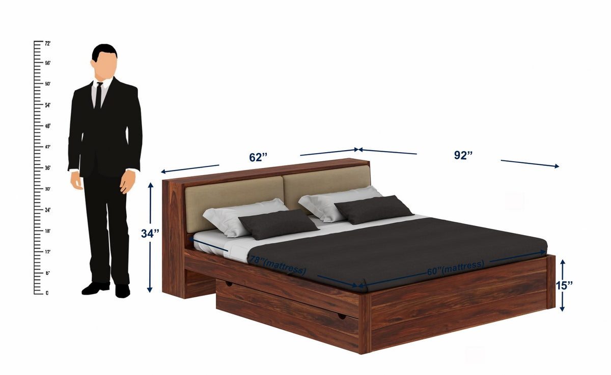 Lumin Solid Sheesham Wood Bed With 2 Drawers And 2 Side Tables (Queen Size, Natural)
