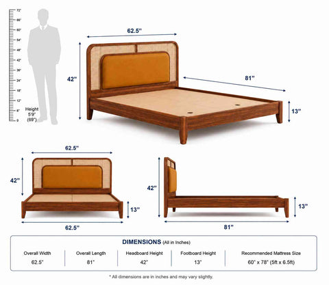 Canejoy Solid Sheesham Wood Bed Without Storage Low Height (Queen Size, Natural Finish)