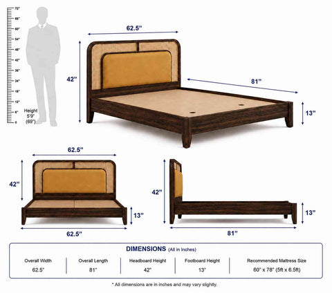 Canejoy Solid Sheesham Wood Bed Without Storage Low Height (Queen Size, Walnut Finish)