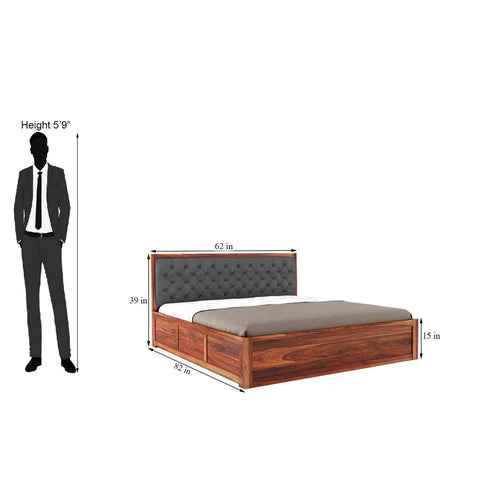 Elementra Solid Sheesham Wood Hydraulic Bed With Box Storage (Queen Size, Natural Finish)