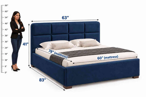 Resilience Premium Fabric Bed With Box Storage (Queen Size, Navy Blue)