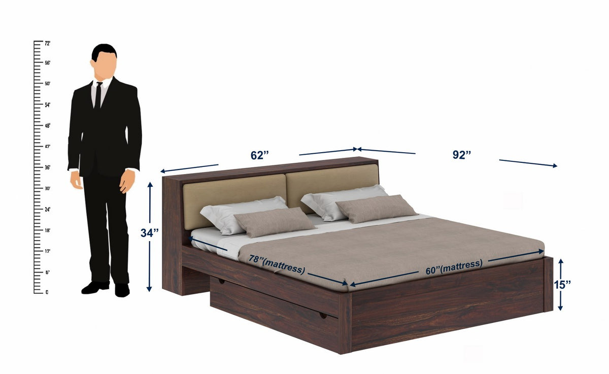 Lumin Solid Sheesham Wood Bed With 2 Drawers And 2 Side Tables (Queen Size, Walnut)