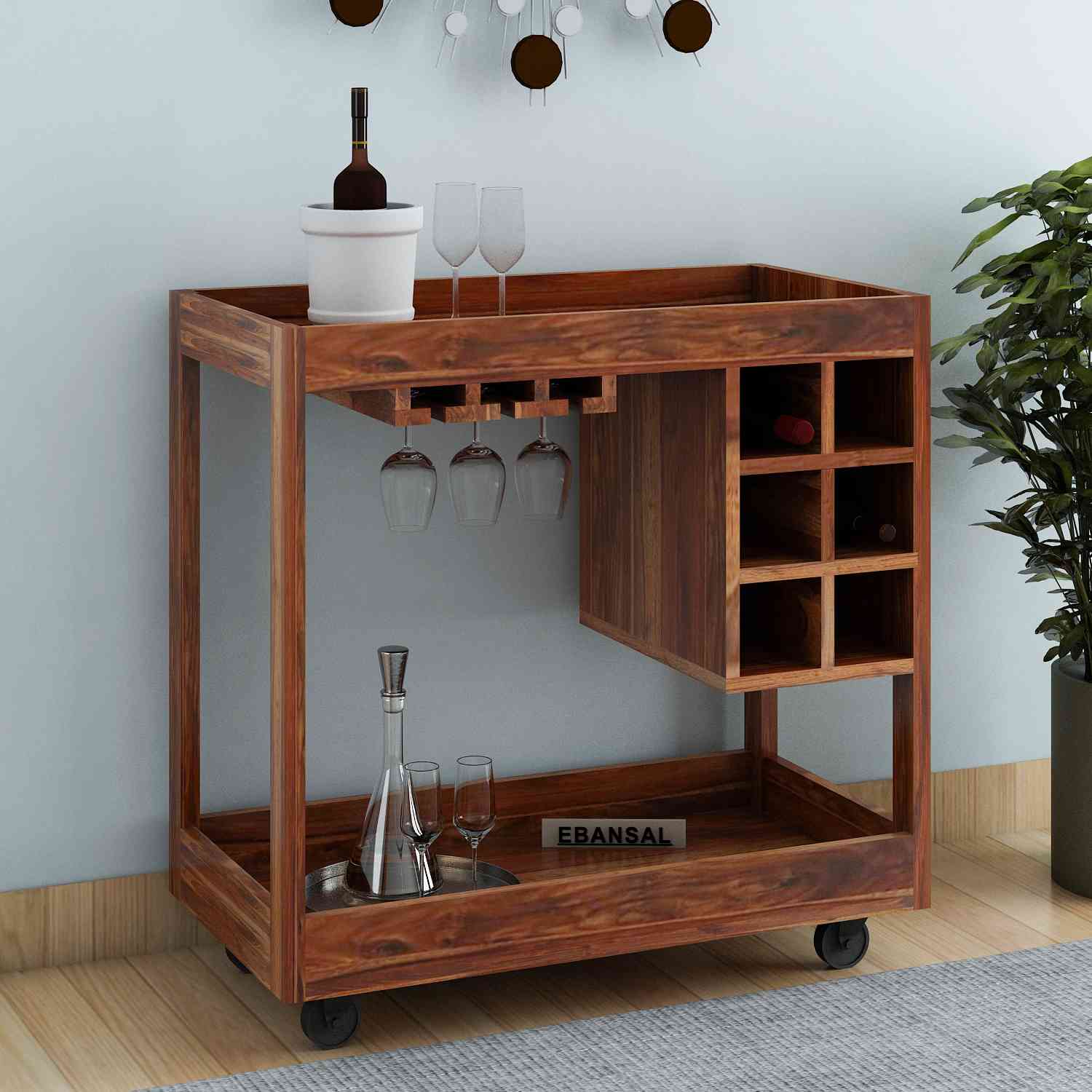 Rubikk Solid Sheesham Wood Bar Trolley (Natural Finish)