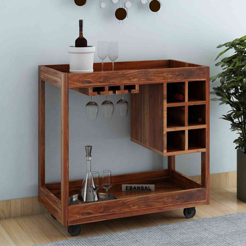 Rubikk Solid Sheesham Wood Bar Trolley (Natural Finish)