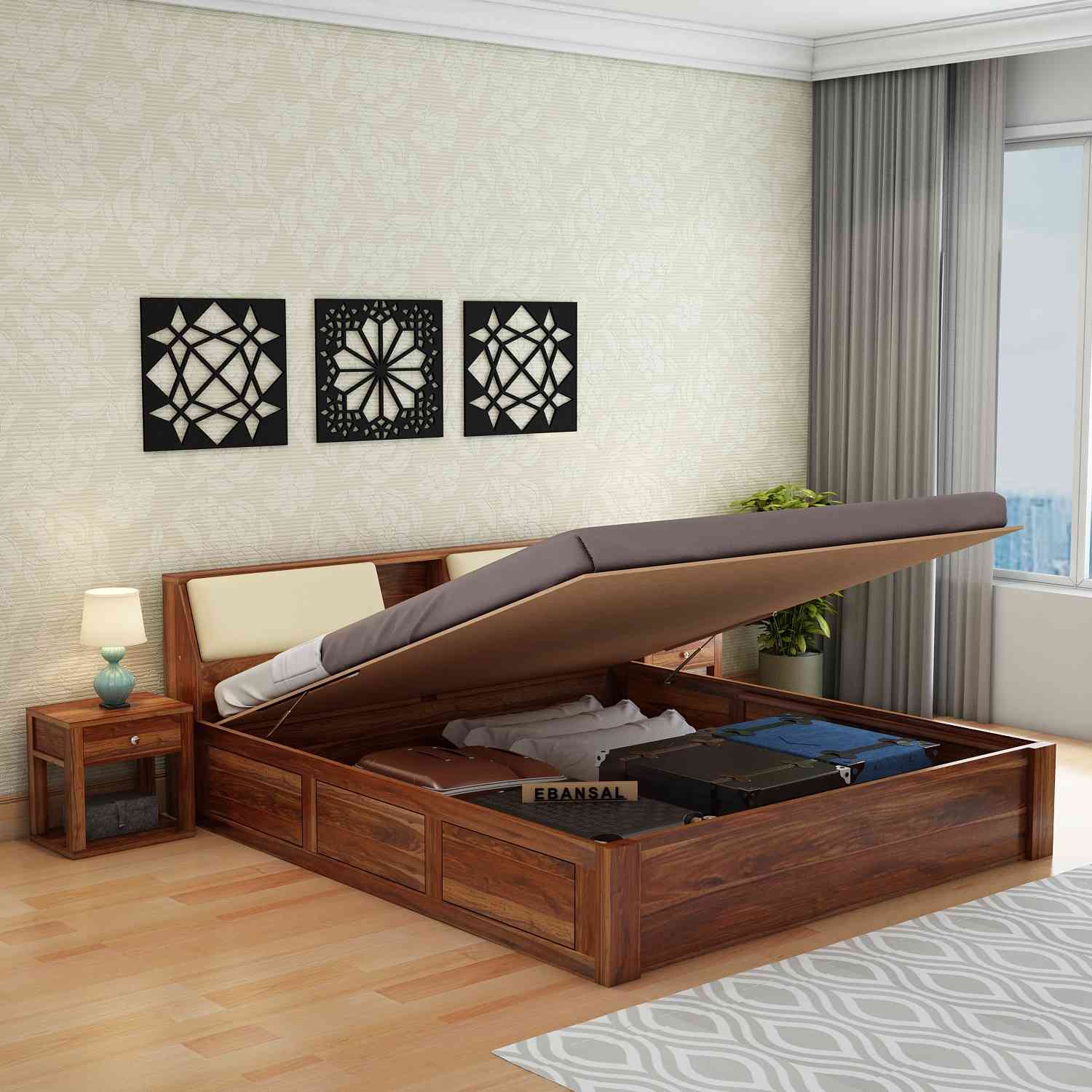 Rubikk Solid Sheesham Wood Hydraulic Bed With Box Storage (King Size, Natural Finish)