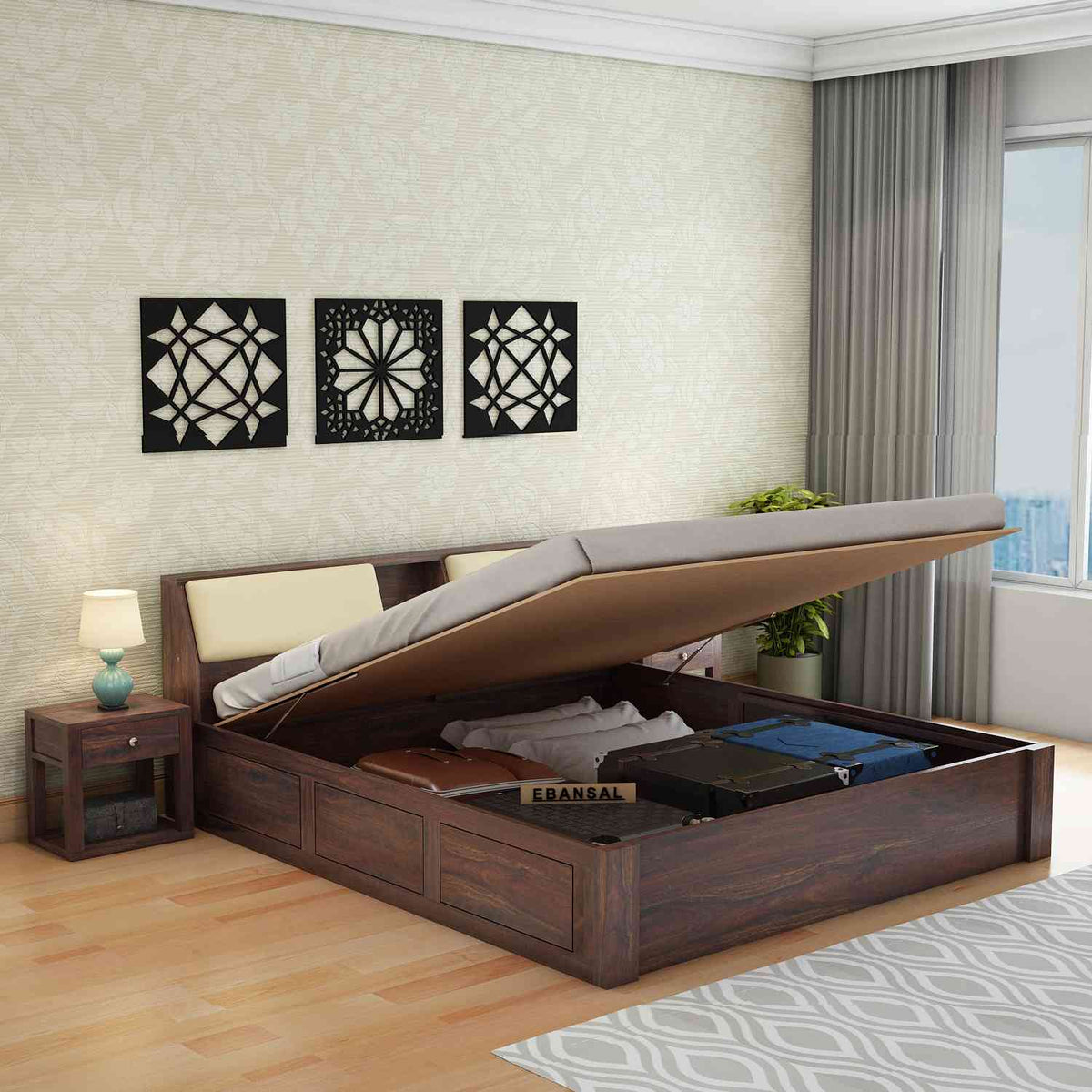 Rubikk Solid Sheesham Wood Hydraulic Bed With Box Storage (Queen Size, Walnut Finish)