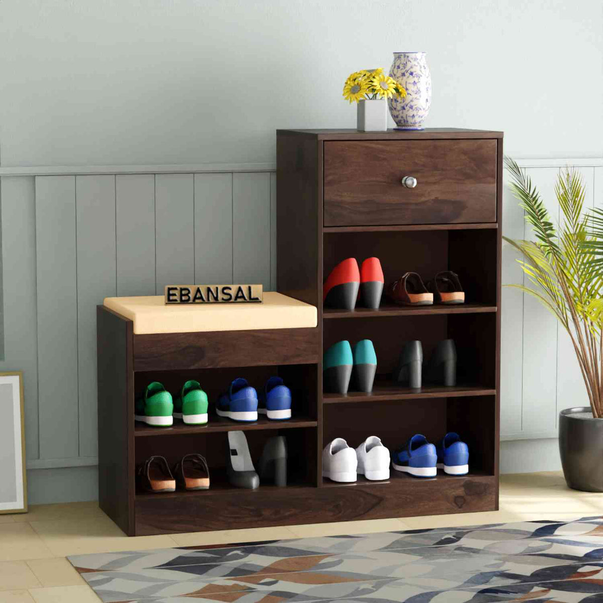 Rubikk Solid Sheesham Wood Shoe Rack (Walnut Finish)