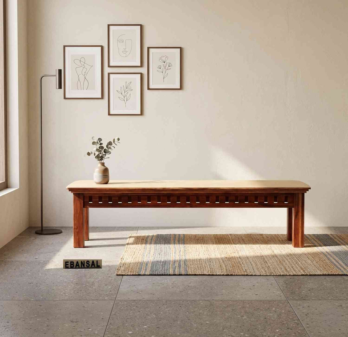 Amer Solid Sheesham Wood 3 Seater Bench (Natural Finish, With Cushion)