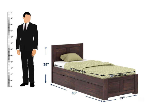 Woodwing Solid Sheesham Wood Single Bed With Two Drawers (Walnut Finish)