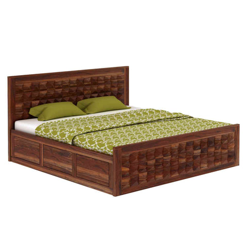 Sofia Solid Sheesham Wood Hydraulic Bed With Box Storage (Queen Size, Natural Finish)