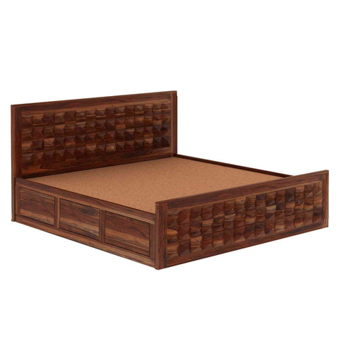 Sofia Solid Sheesham Wood Hydraulic Bed With Box Storage (King Size, Natural Finish)