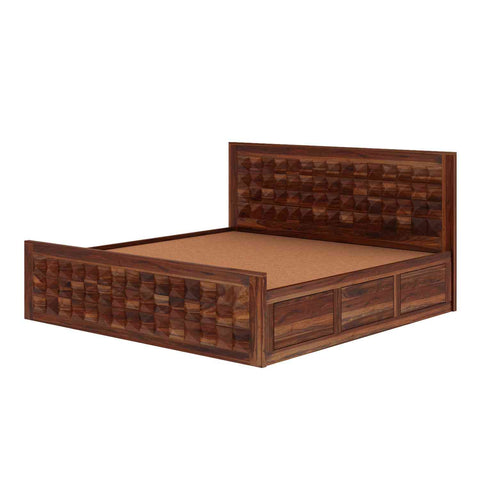 Sofia Solid Sheesham Wood Hydraulic Bed With Box Storage (Queen Size, Natural Finish)