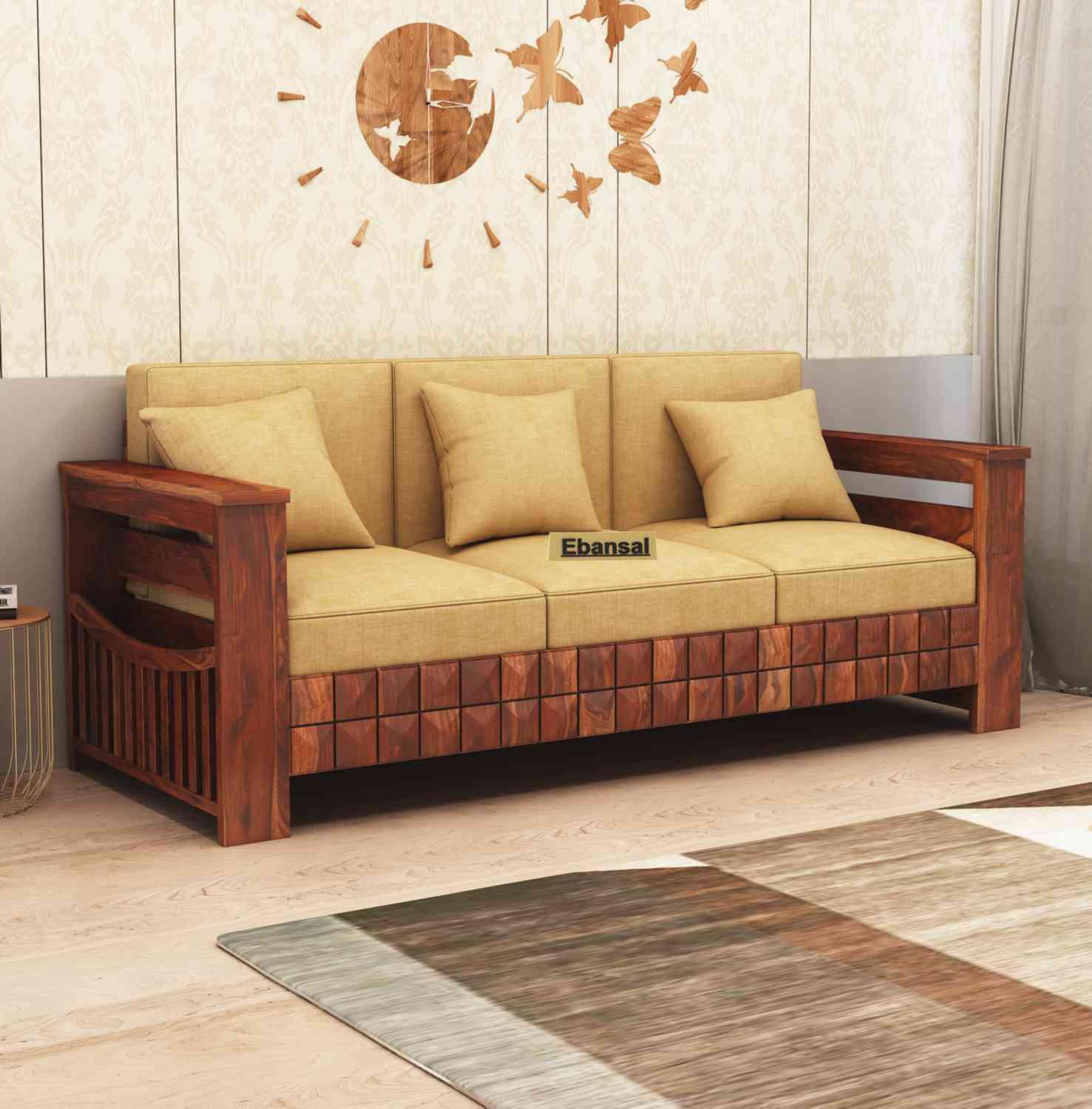 Sofia Solid Sheesham Wood 3 Seater Sofa (Natural Finish)