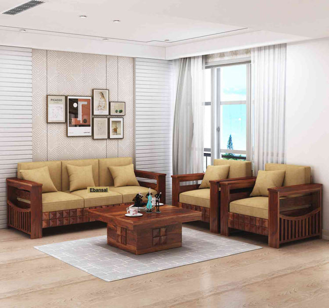 Sofia Solid Sheesham Wood 5 Seater Sofa Set With Coffee Table (3+1+1, Natural Finish)