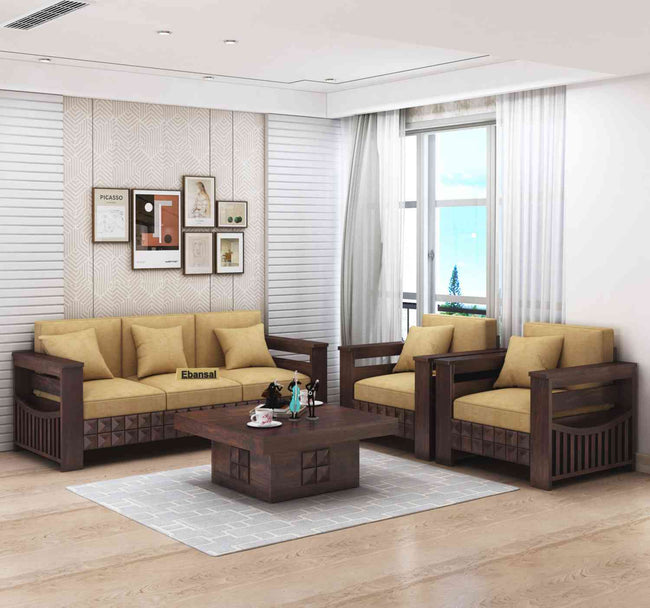 Sofia Solid Sheesham Wood 5 Seater Sofa Set With Coffee Table (3+1+1, Walnut Finish)