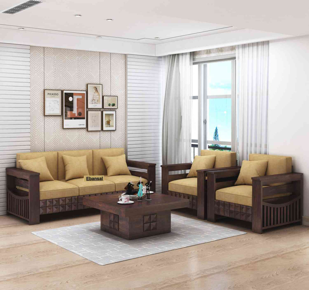 Sofia Solid Sheesham Wood 5 Seater Sofa Set (Walnut Finish, 3+1+1)