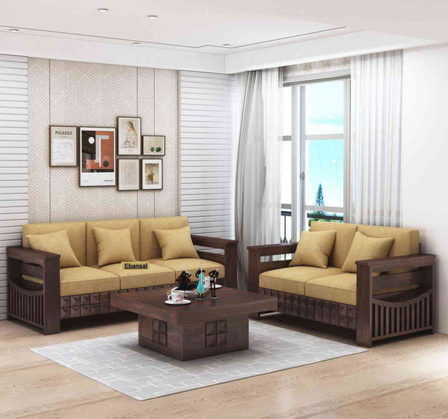 Sofia Solid Sheesham Wood 5 Seater Sofa Set With Coffee Table (3+2, Walnut Finish)