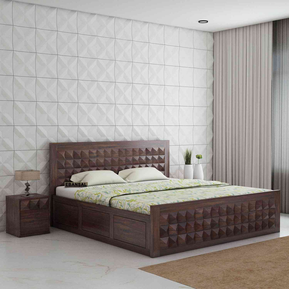 Sofia Solid Sheesham Wood Bed With Box Storage (Queen Size, Walnut Finish)