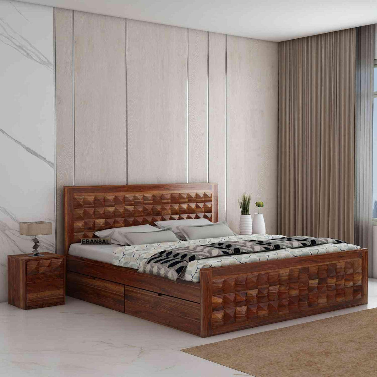 Sofia Solid Sheesham Wood Bed With Four Drawers (Queen Size, Natural Finish)