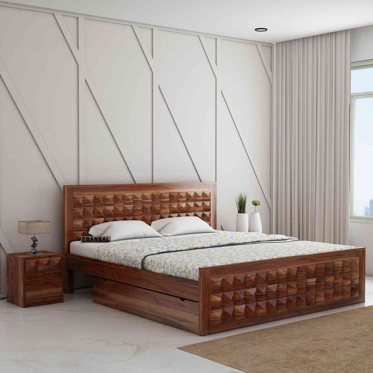 Sofia Solid Sheesham Wood Bed With Two Drawers (Queen Size, Natural Finish)