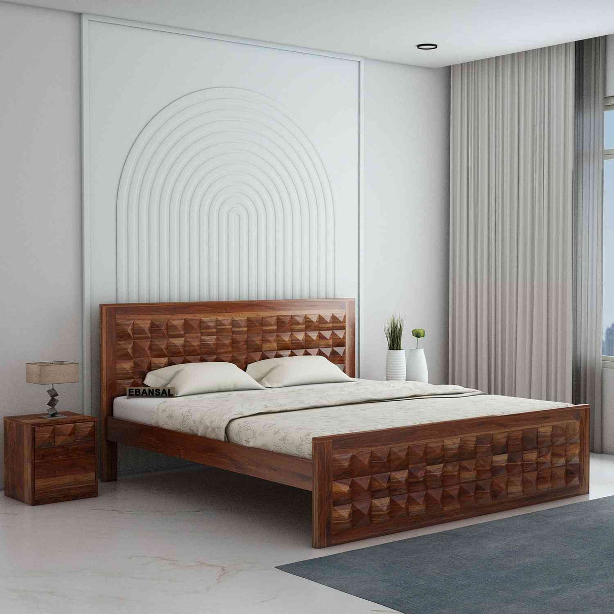 Sofia Solid Sheesham Wood Bed Without Storage (King Size, Natural Finish)