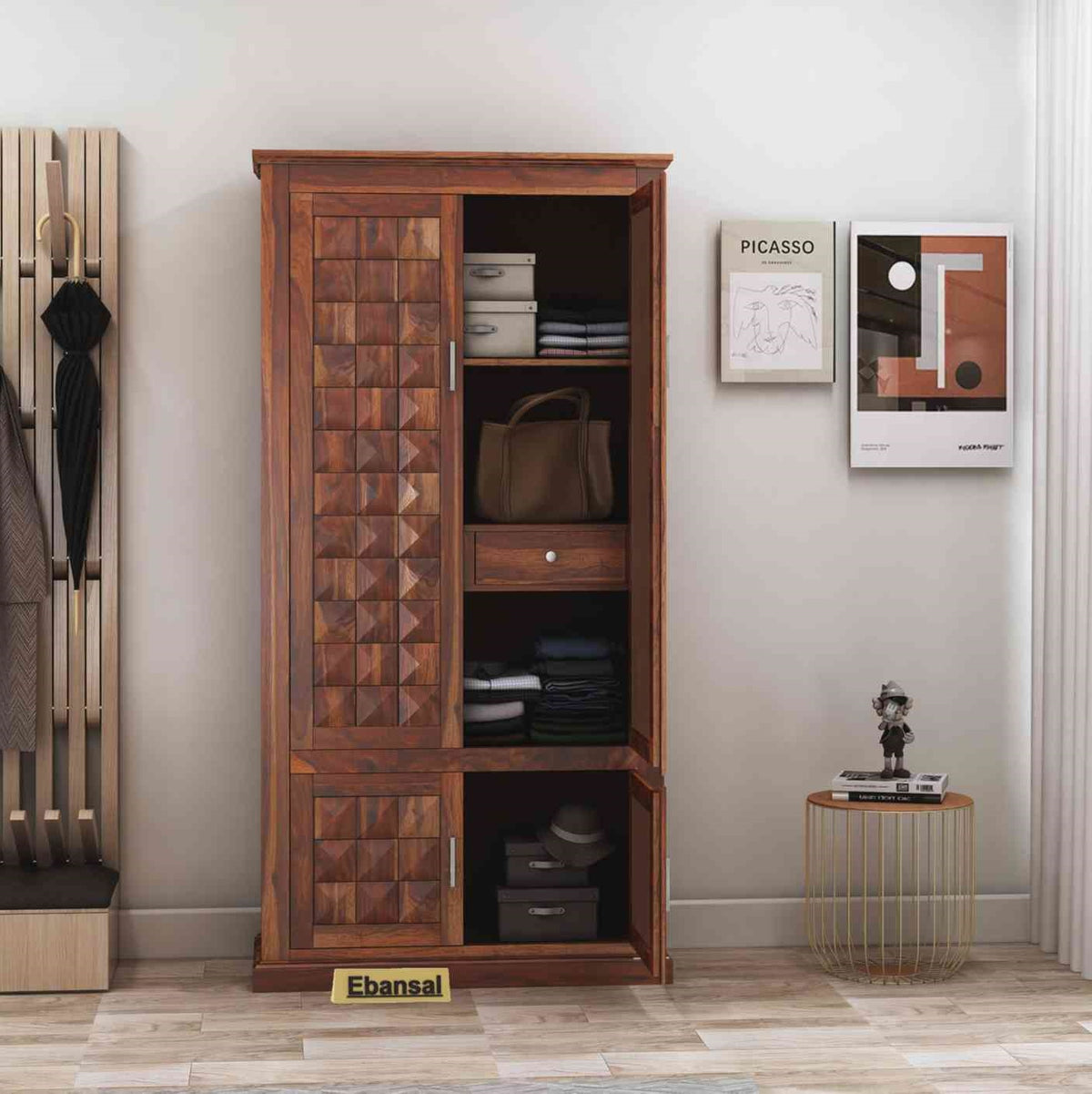 Sofia Solid Sheesham Wood Double Door Wardrobe (Natural Finish)