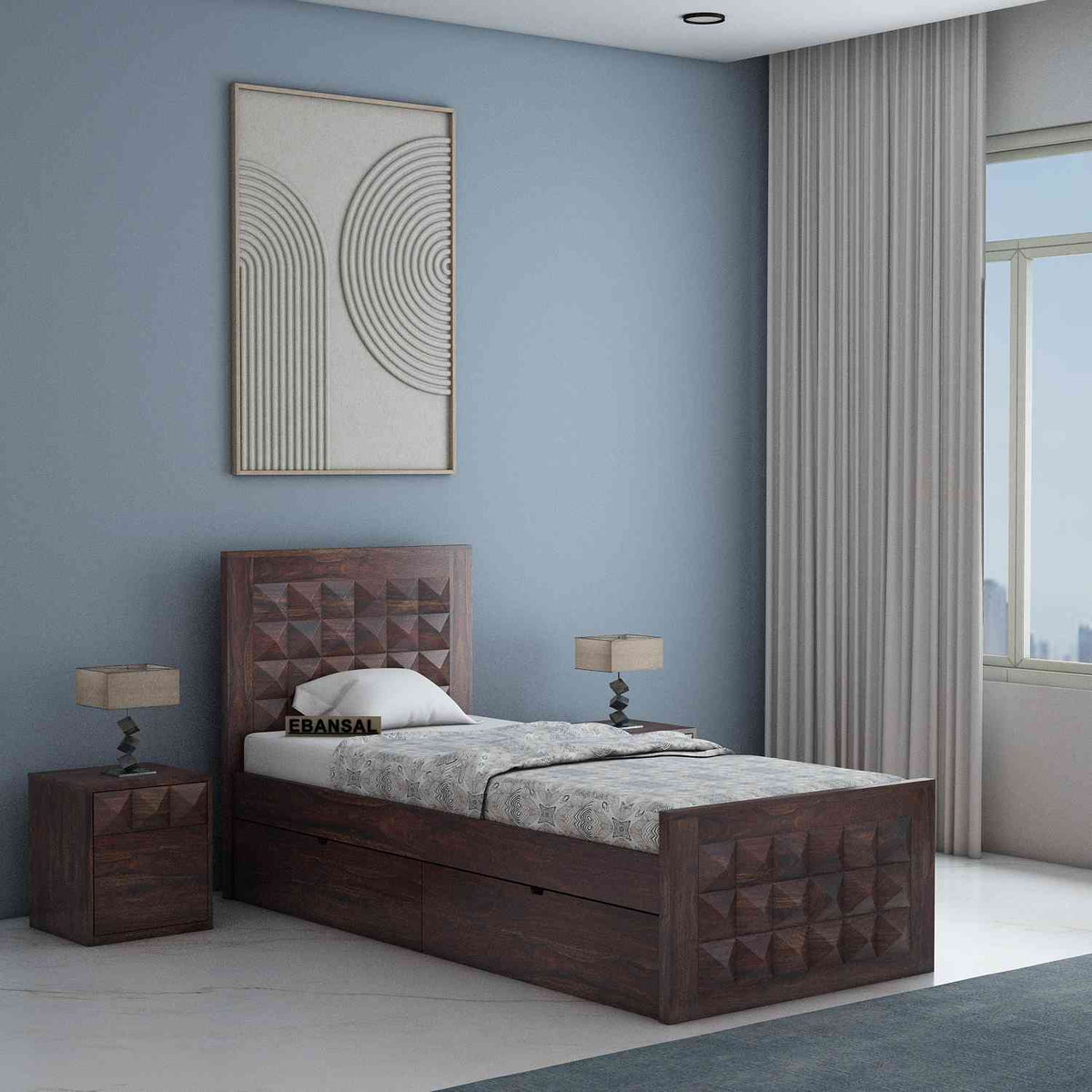 Sofia Solid Sheesham Wood Single Bed With Two Drawer (Walnut Finish)
