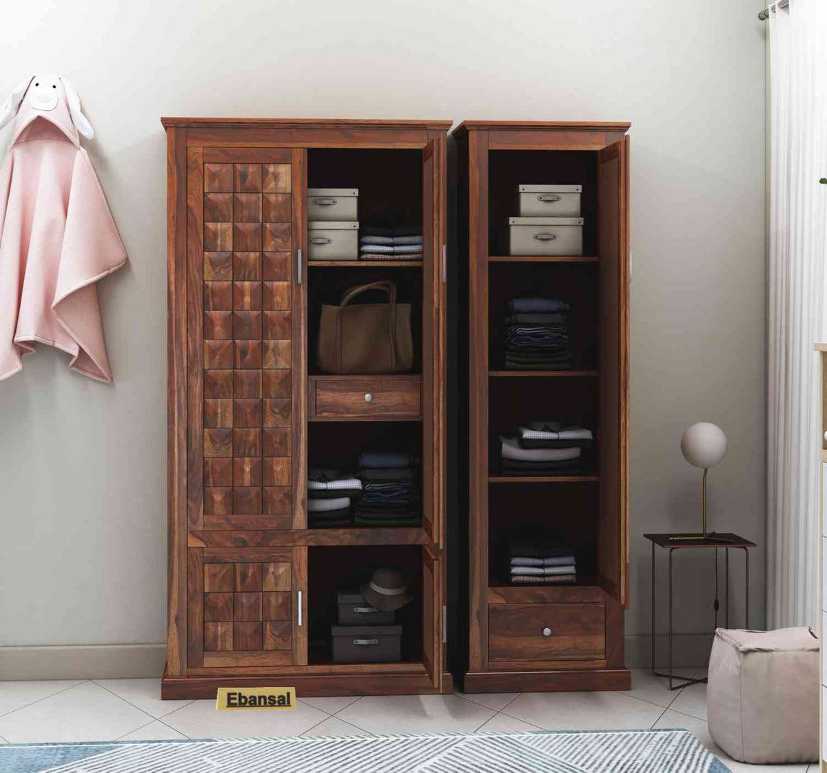 Sofia Solid Sheesham Wood Wardrobe Set (Natural Finish)