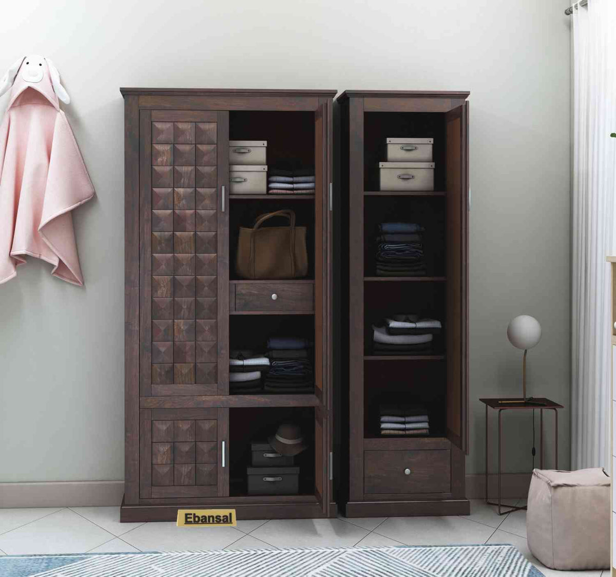 Sofia Solid Sheesham Wood Wardrobe Set (Walnut Finish)