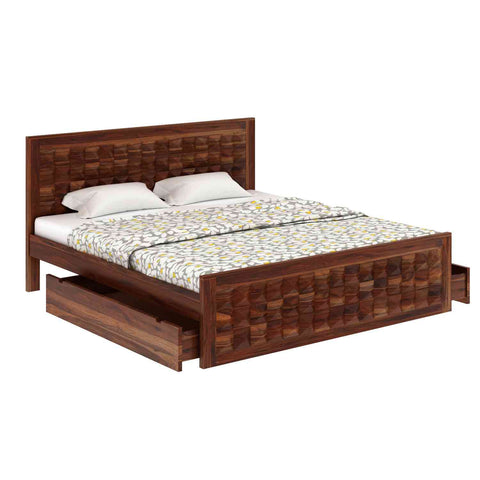 Sofia Solid Sheesham Wood Bed With Two Drawers (King Size, Natural Finish)
