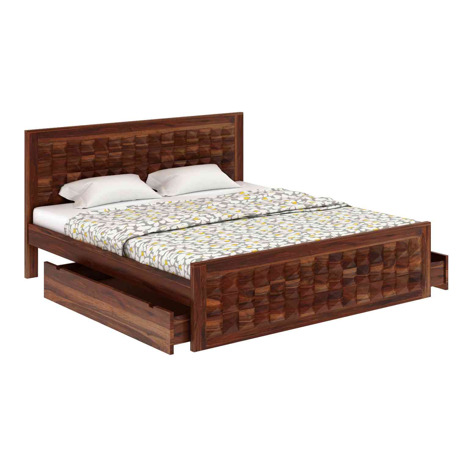 Sofia Solid Sheesham Wood Bed With Two Drawers (Queen Size, Natural Finish)