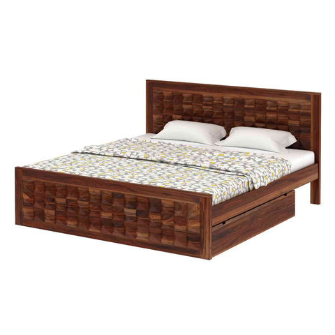 Sofia Solid Sheesham Wood Bed With Two Drawers (Queen Size, Natural Finish)