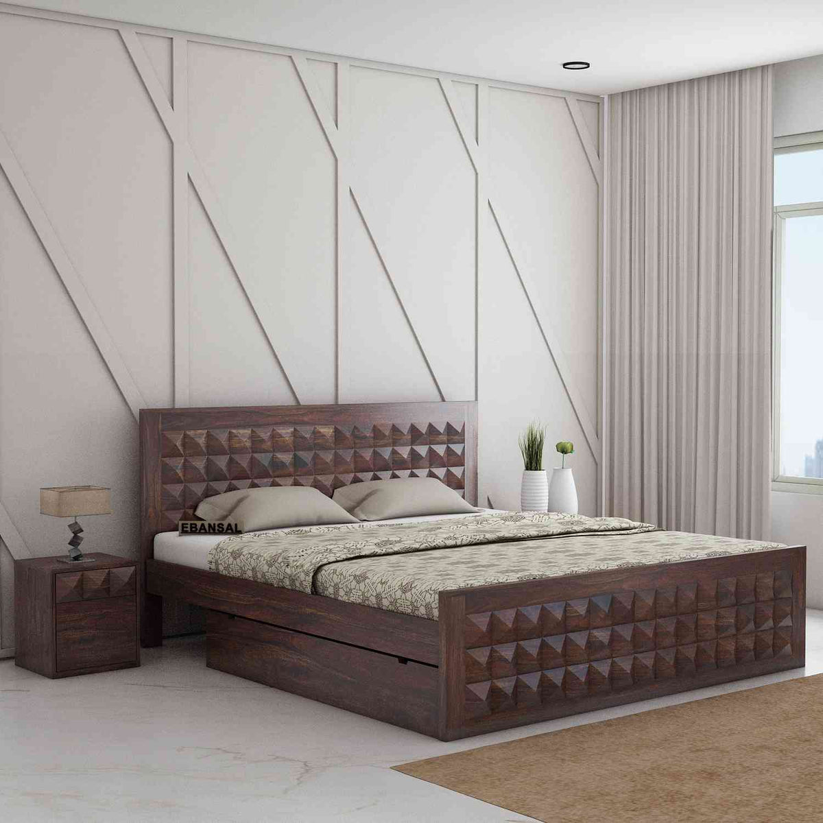 Sofia Solid Sheesham Wood Bed With Two Drawers (King Size, Walnut Finish)