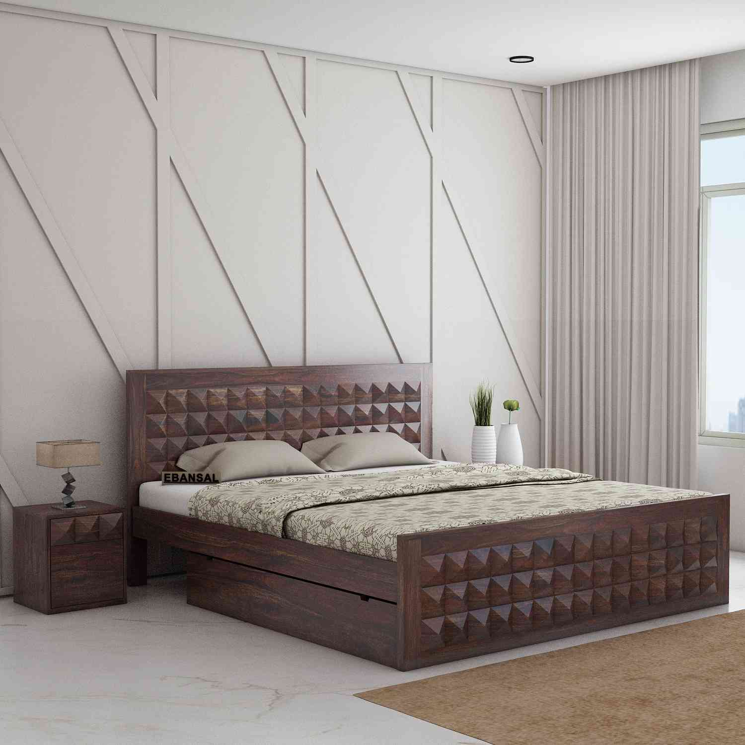 Sofia Solid Sheesham Wood Bed With Two Drawers (Queen Size, Walnut Finish)