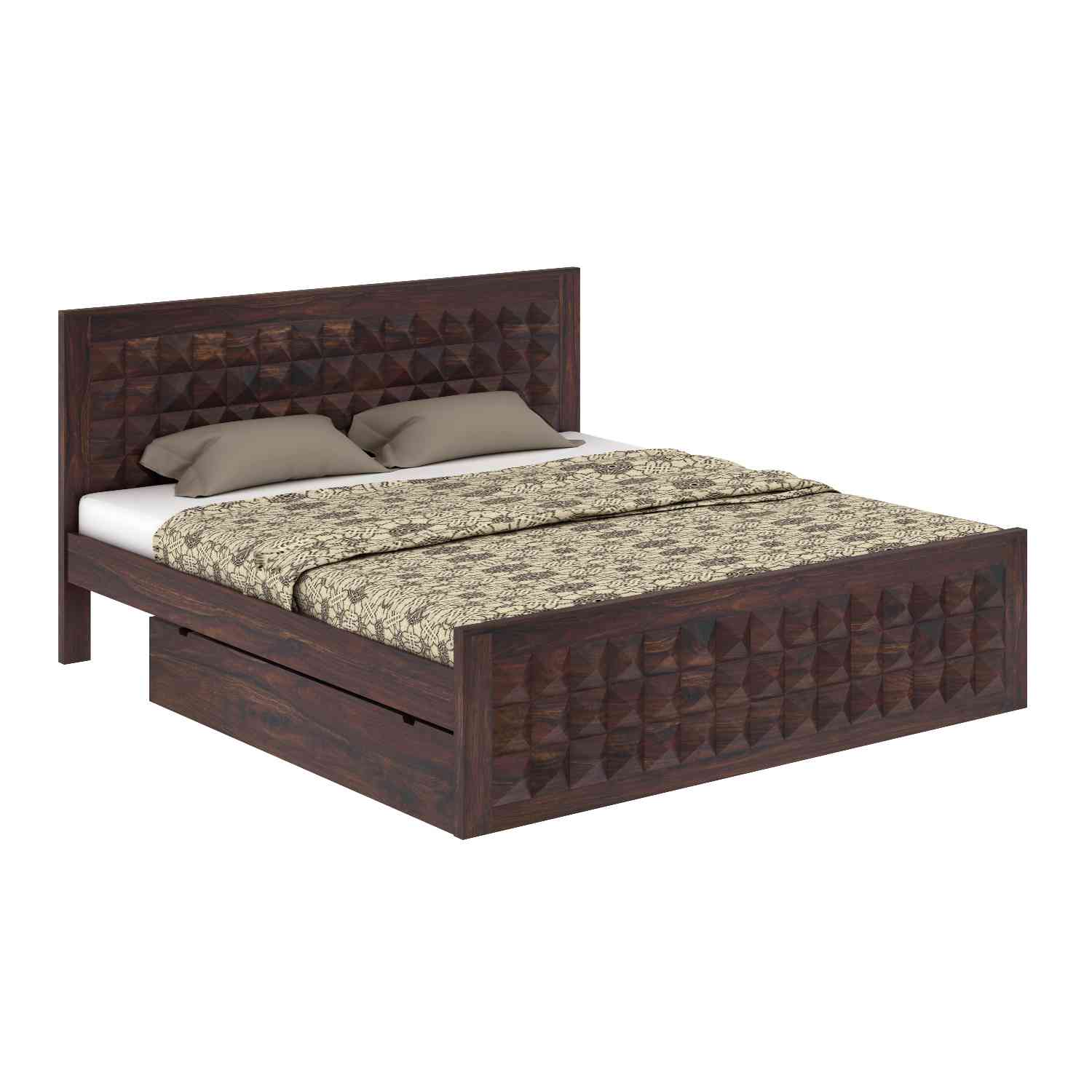 Sofia Solid Sheesham Wood Bed With Two Drawers (King Size, Walnut Finish)