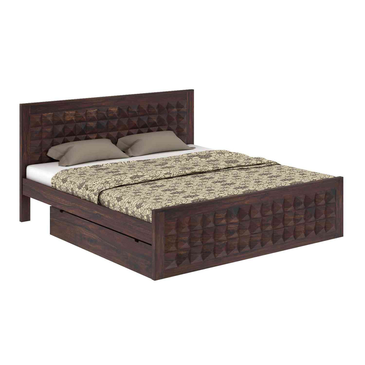 Sofia Solid Sheesham Wood Bed With Two Drawers (Queen Size, Walnut Finish)