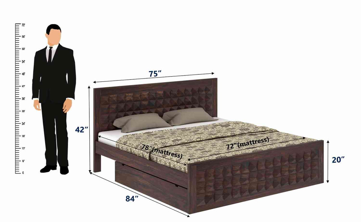Sofia Solid Sheesham Wood Bed With Two Drawers (King Size, Walnut Finish)